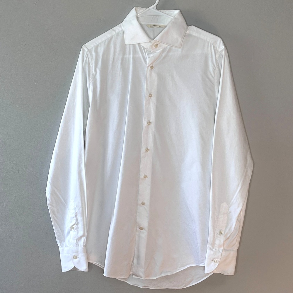 Suitsupply Mens L‎ Button-Down Shirt Albini Fabric Slim Fit White Cotton Classic